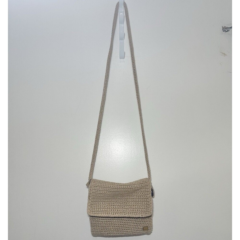 The Sak Gold Metallic Crochet Crossbody Bag Boho Knit Small Flap Purse - Picture 3 of 8